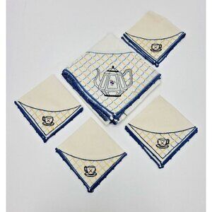 Vintage Hand Made Embroidered MuslinTablecloth and 4 Napkins Teapot and Teacup